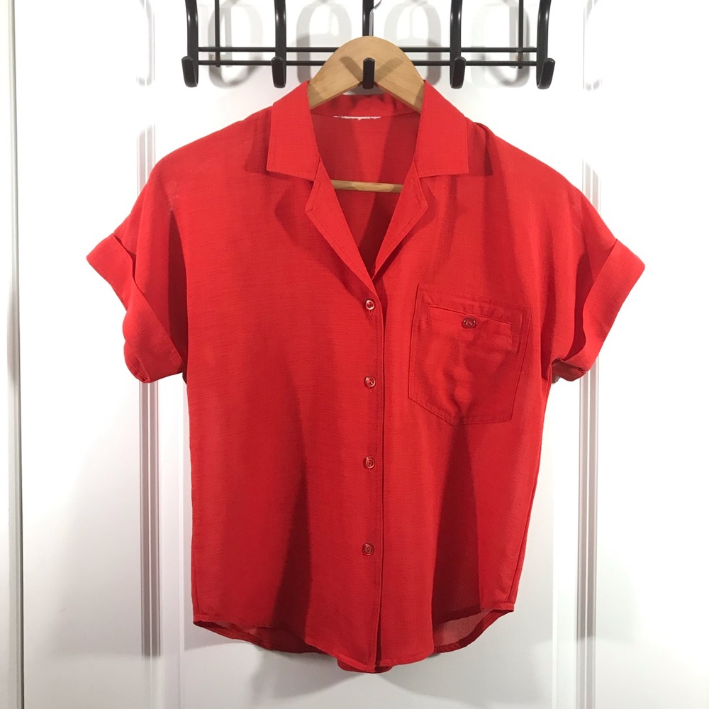Red Button Up Short Sleeve Blouse
